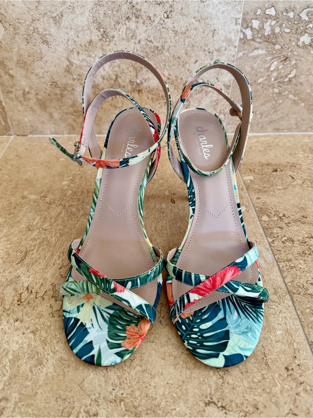Charles by Charles David Tropical Floral Ankle-Strap Sandals in Green, Teal, Red